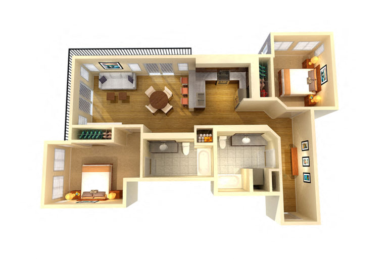 Floor plan for 2 beds, 2 baths, 970 sqft
