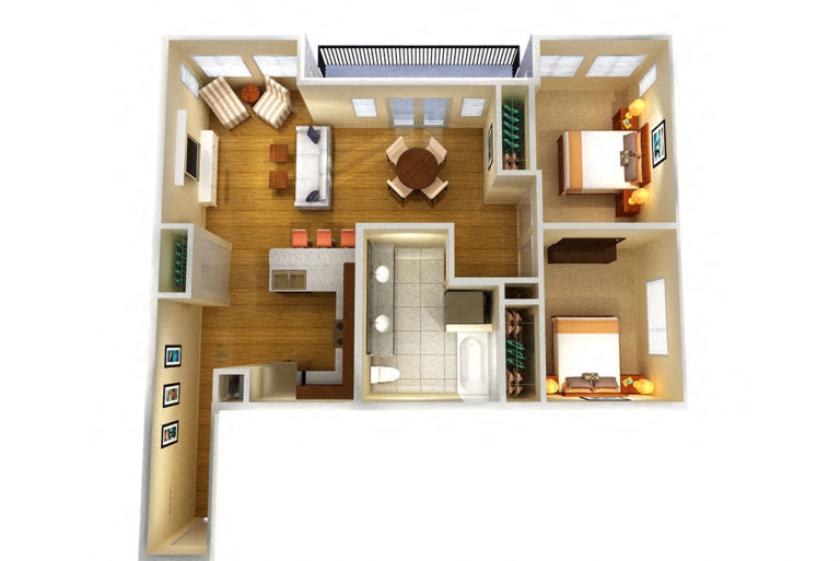 Floor plan for 2 beds, 1 bath, 939 sqft