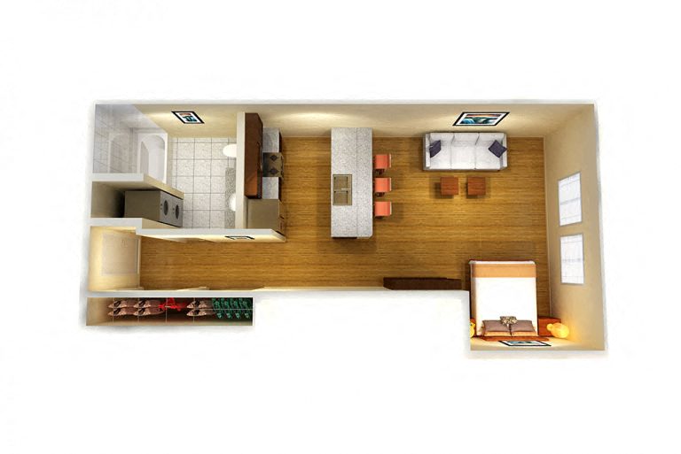Floor plan for studio, 1 bath, 523 sqft