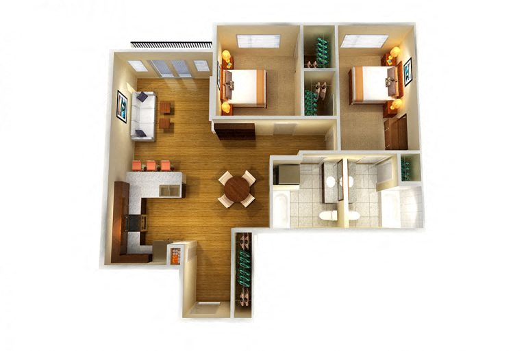 Floor plan for 2 beds, 2 baths, 1001 sqft