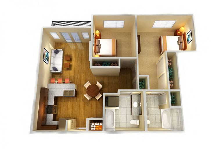 Floor plan for 2 beds, 2 baths, 950 sqft