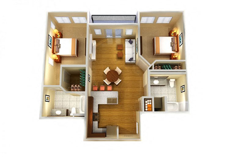 Floor plan for 2 beds, 2 baths, 916 sqft