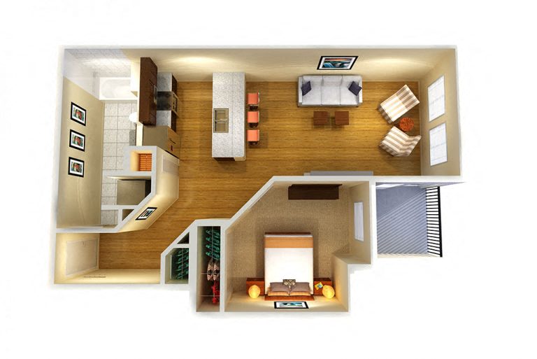 Floor plan for 1 bed, 1 bath, 683 sqft