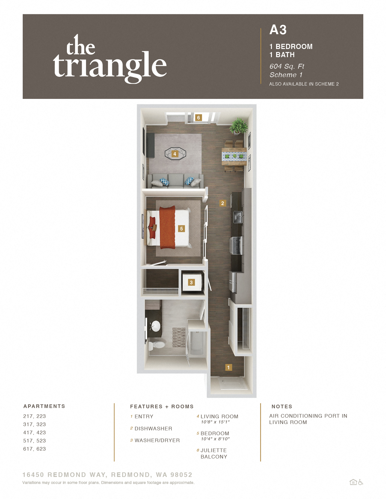 Floor plan for 1 bed, 1 bath, 604 sqft