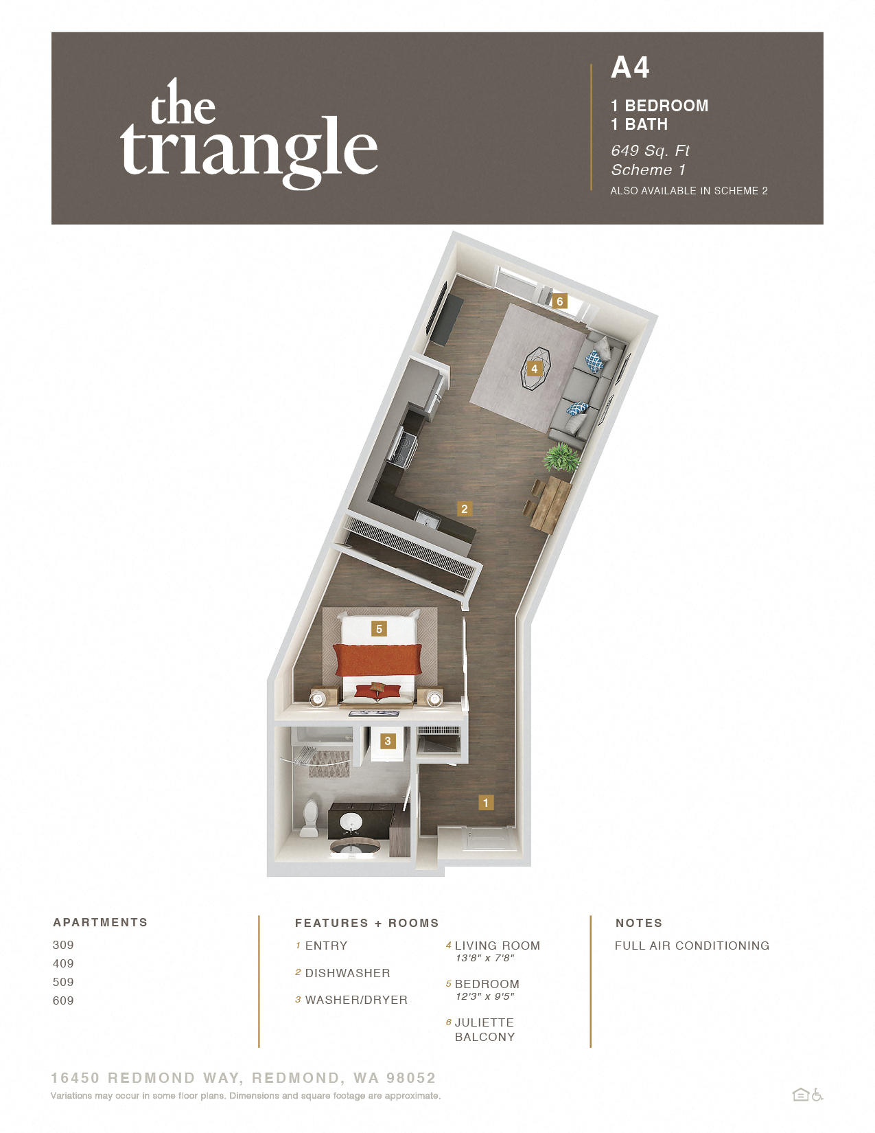 Floor plan for 1 bed, 1 bath, 649 sqft