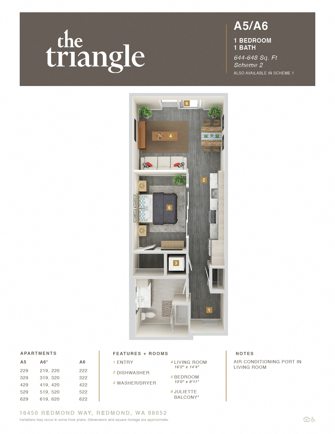 Floor plan for 1 bed, 1 bath, 648 sqft