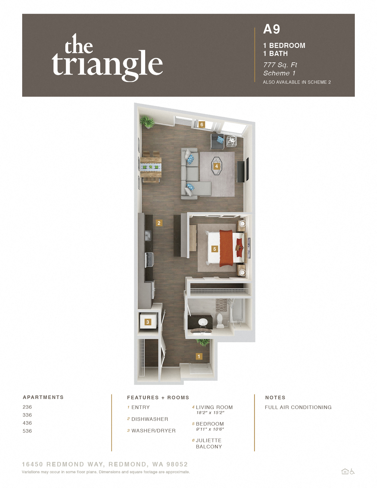 Floor plan for 1 bed, 1 bath, 777 sqft