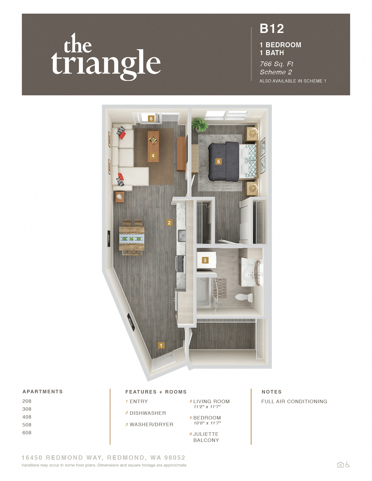 Floor plan for 1 bed, 1 bath, 766 sqft