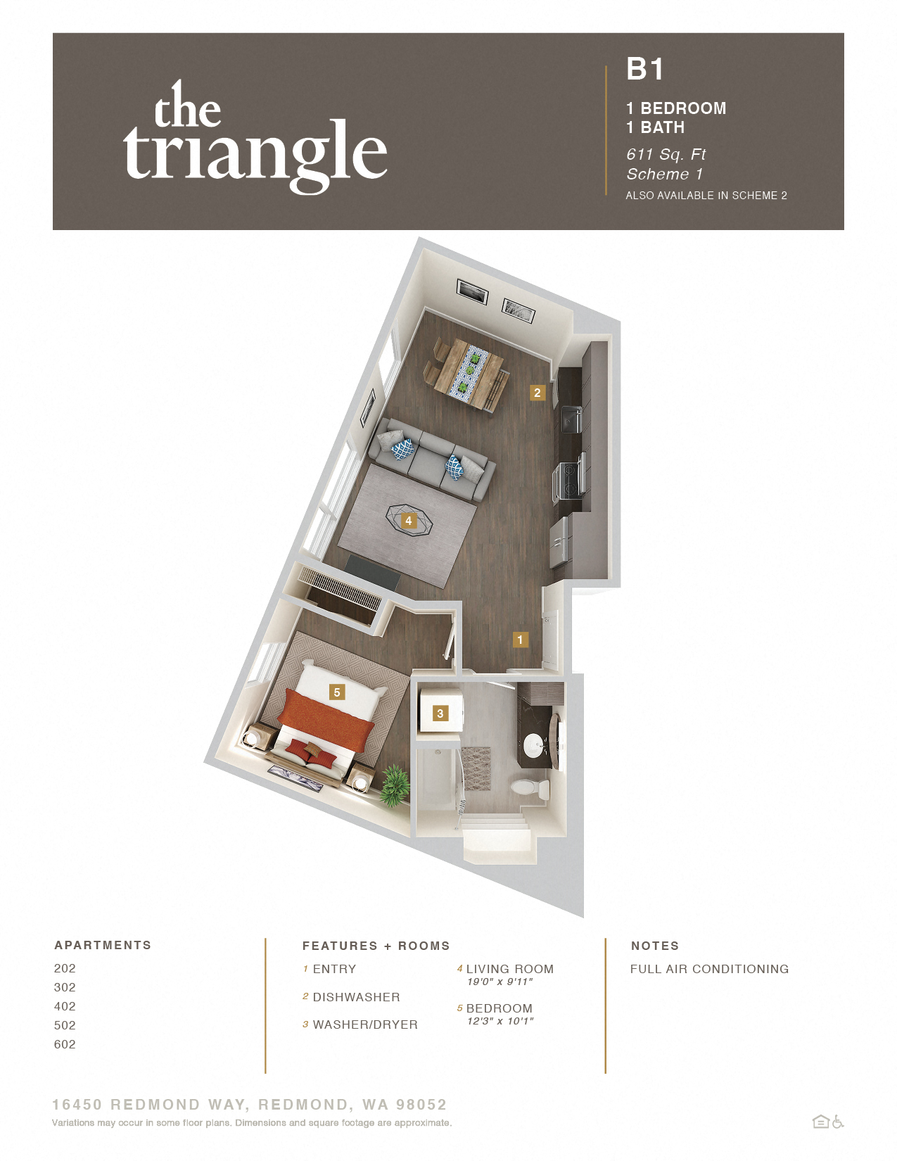 Floor plan for 1 bed, 1 bath, 611 sqft