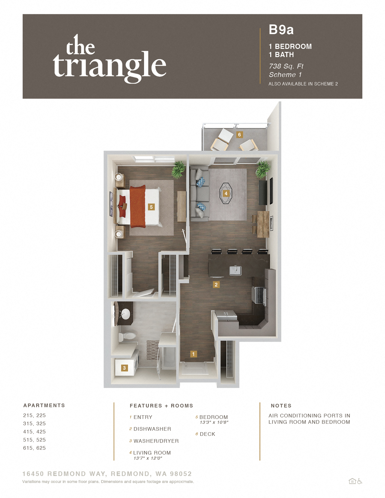 Floor plan for 1 bed, 1 bath, 738 sqft