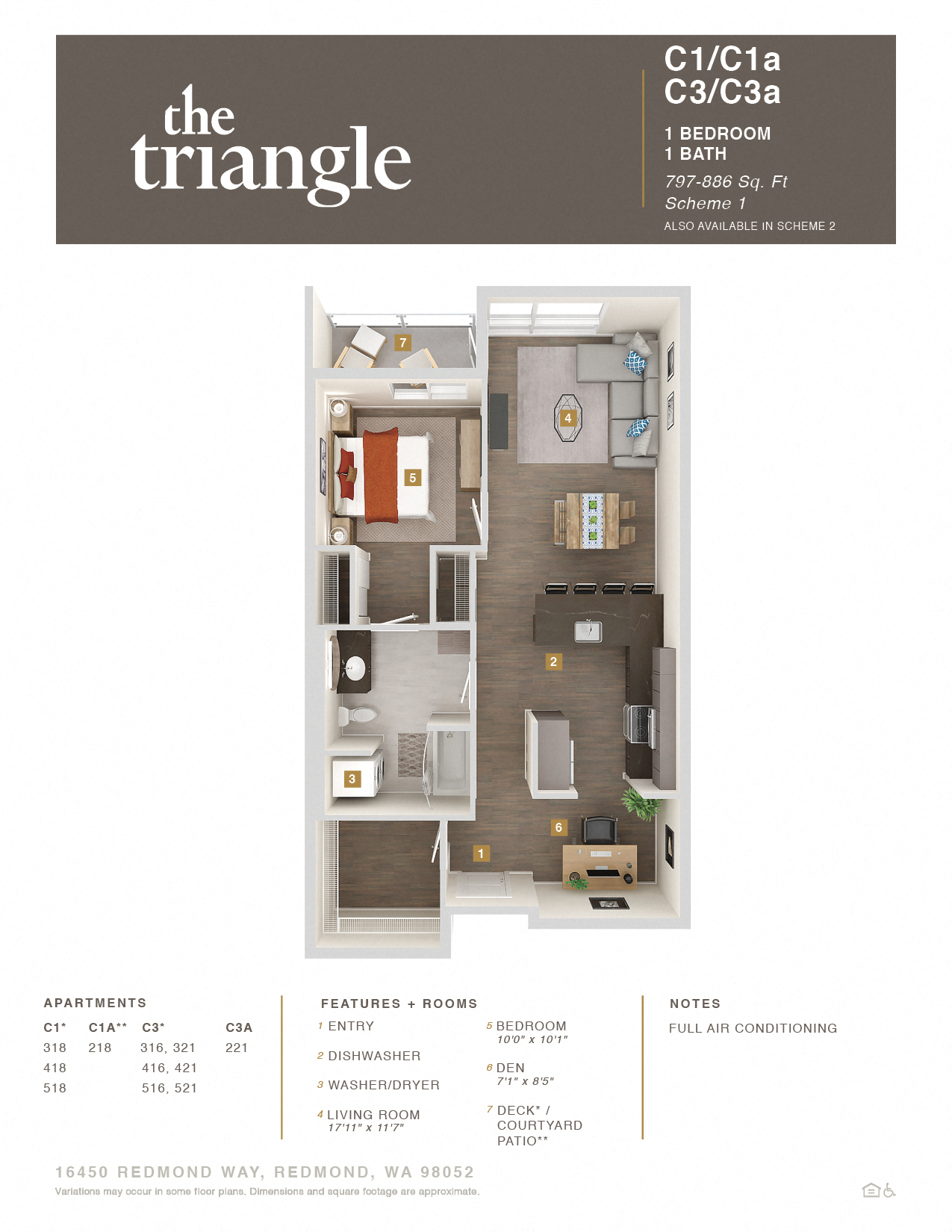 Floor plan for 1 bed, 1 bath, 886 sqft