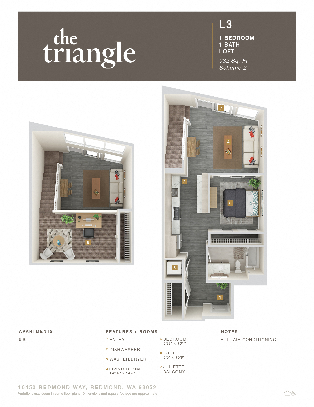Floor plan for 1 bed, 1 bath, 932 sqft