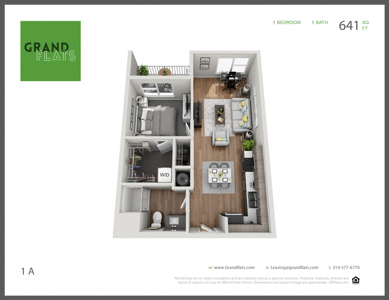 Floor plan for 1 bed, 1 bath, 641 sqft