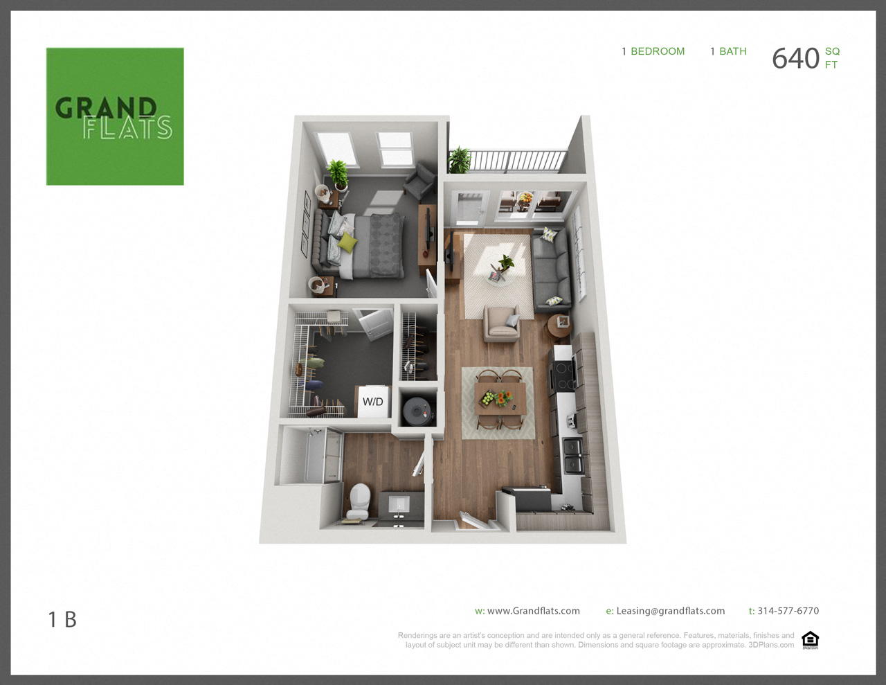 Floor plan for 1 bed, 1 bath, 640 sqft