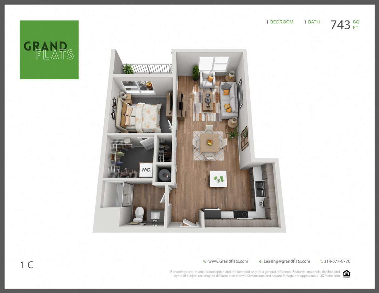 Floor plan for 1 bed, 1 bath, 743 sqft