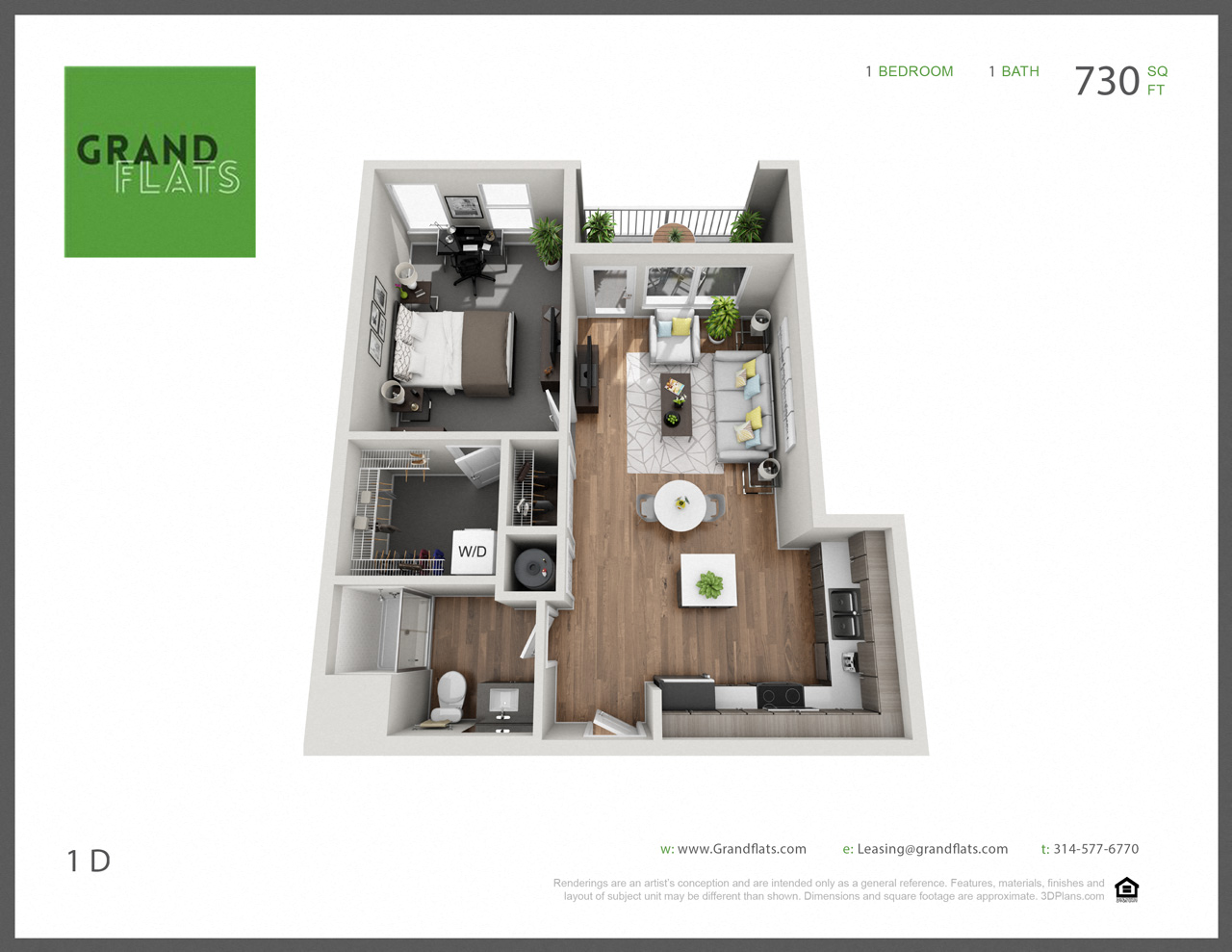 Floor plan for 1 bed, 1 bath, 730 sqft