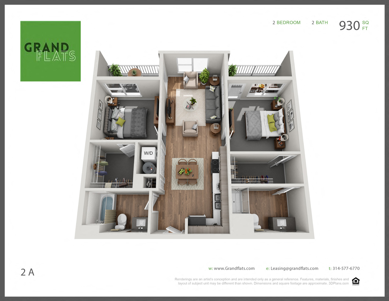 Floor plan for 2 beds, 2 baths, 930 sqft