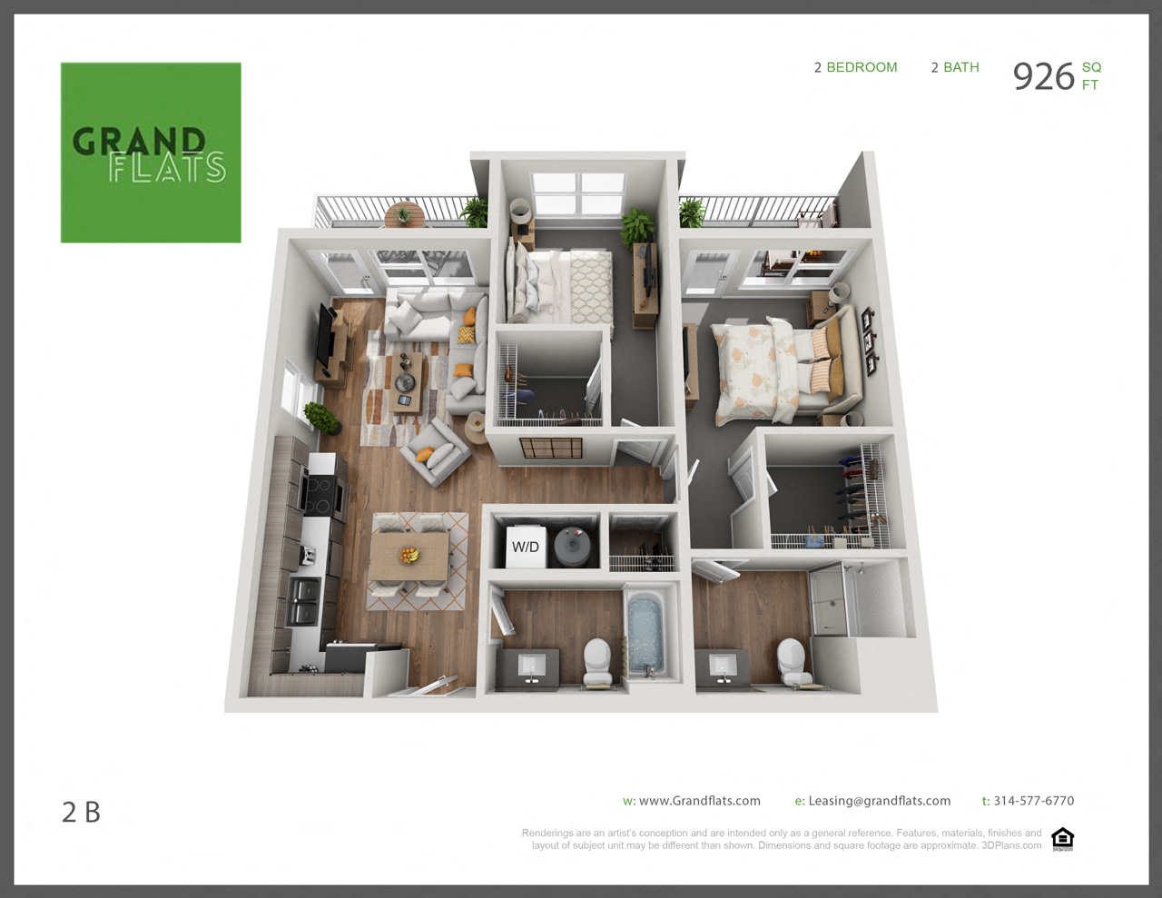 Floor plan for 2 beds, 2 baths, 926 sqft