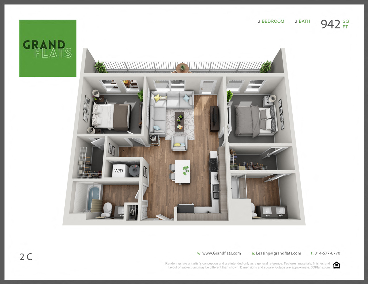 Floor plan for 2 beds, 2 baths, 942 sqft