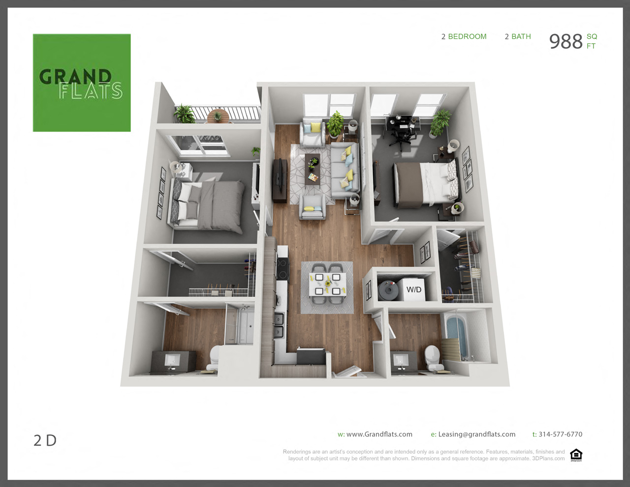 Floor plan for 2 beds, 2 baths, 988 sqft
