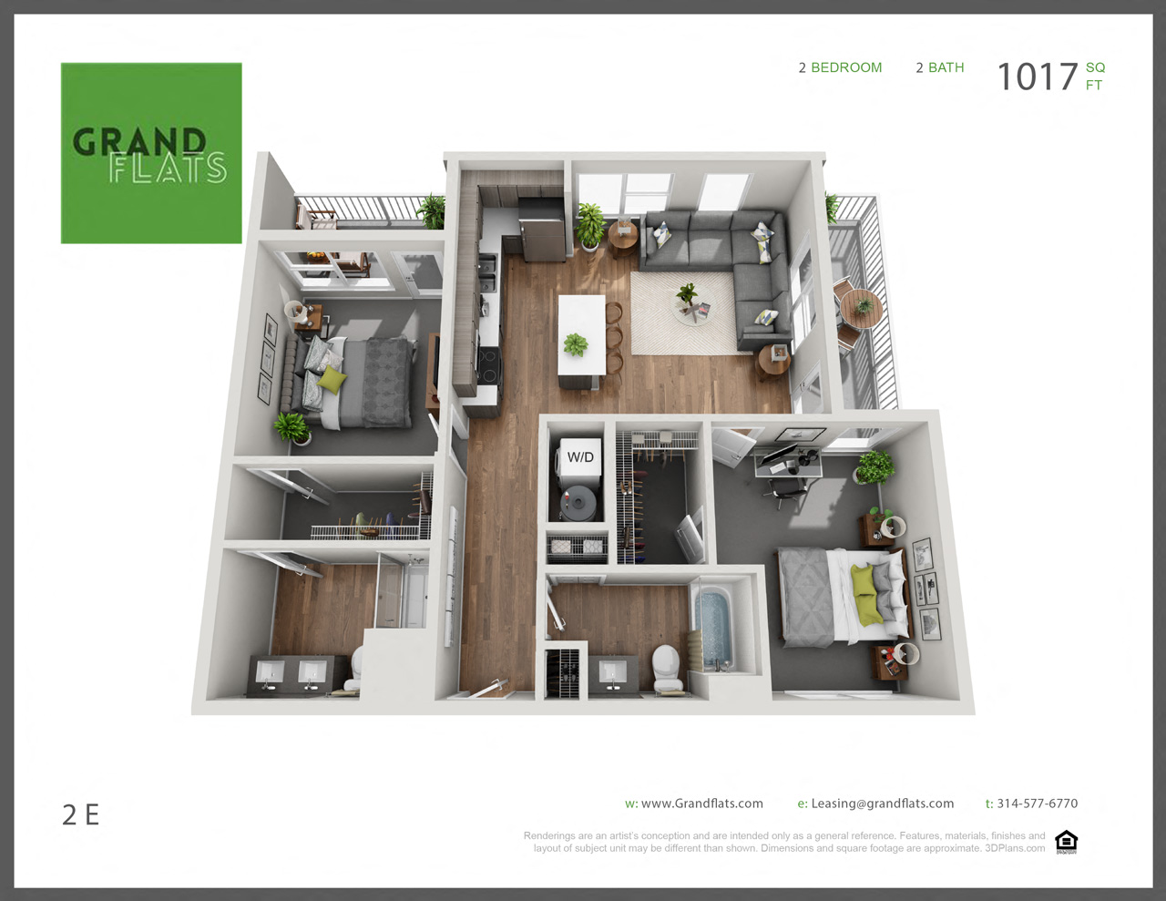 Floor plan for 2 beds, 2 baths, 1017 sqft