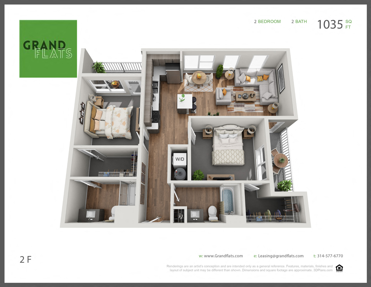 Floor plan for 2 beds, 2 baths, 1035 sqft