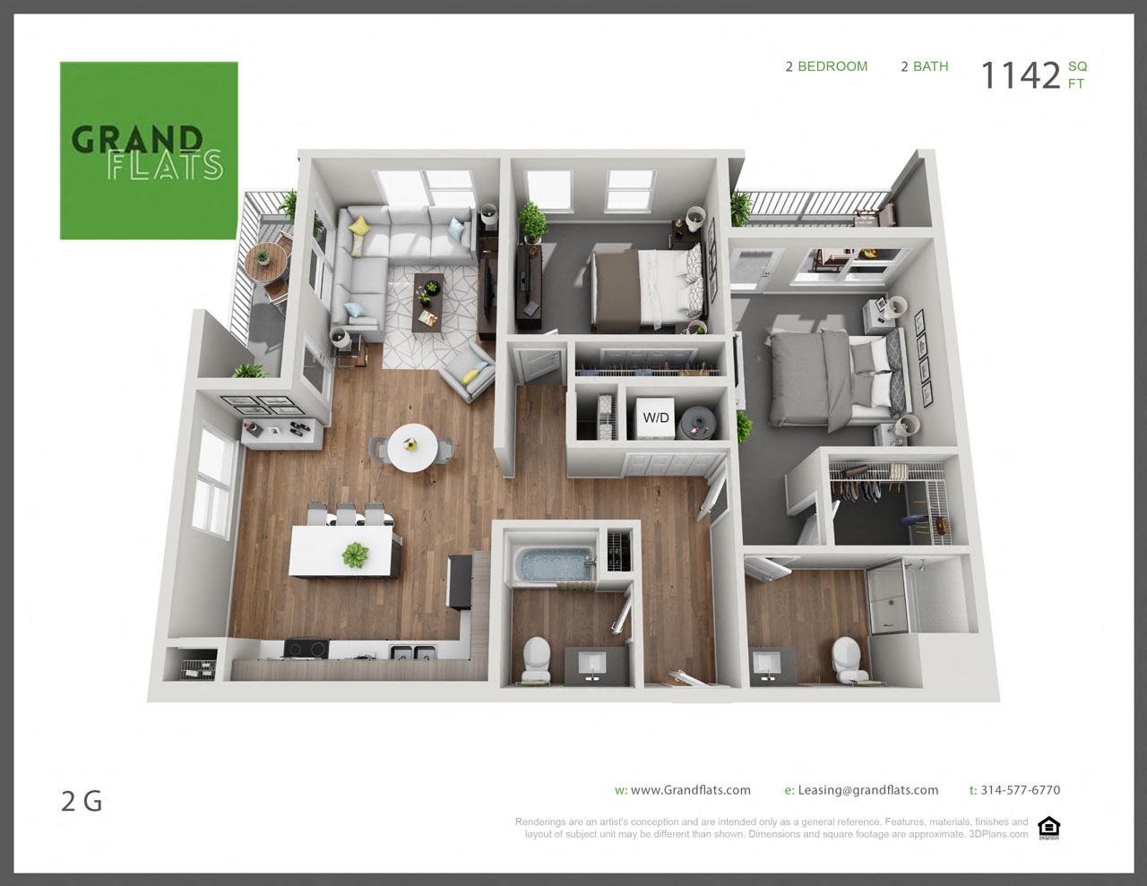 Floor plan for 2 beds, 2 baths, 1142 sqft