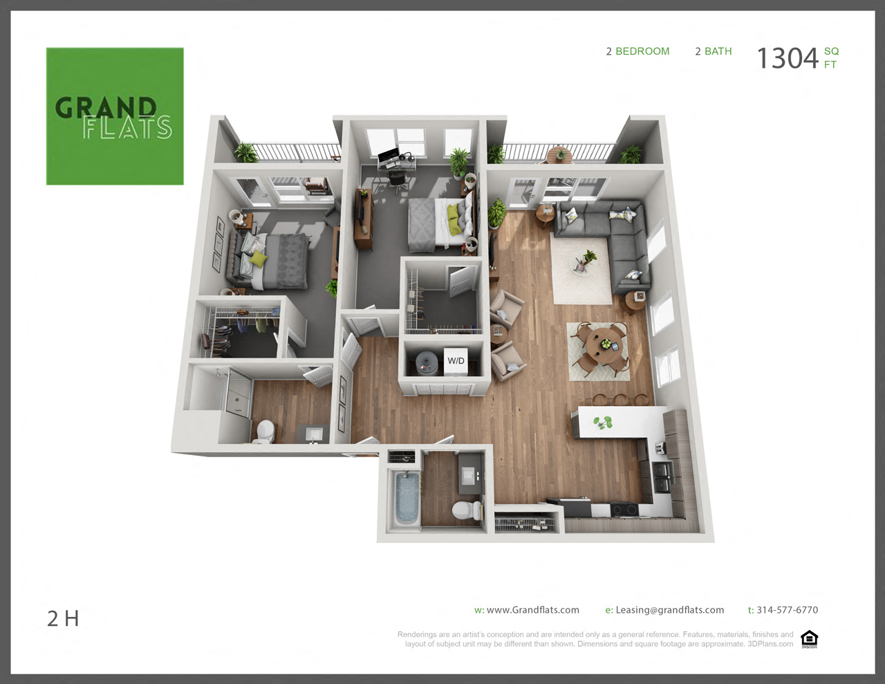 Floor plan for 2 beds, 2 baths, 1304 sqft