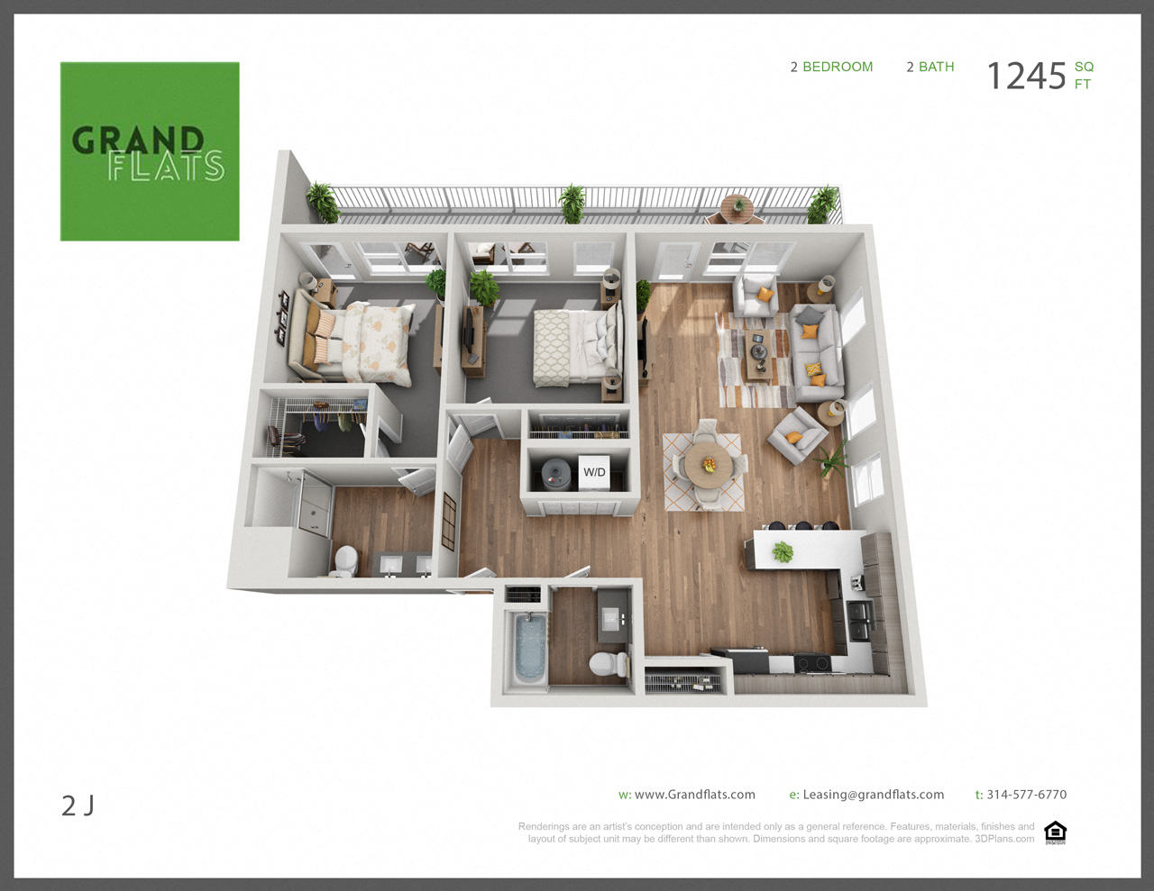 Floor plan for 2 beds, 2 baths, 1245 sqft