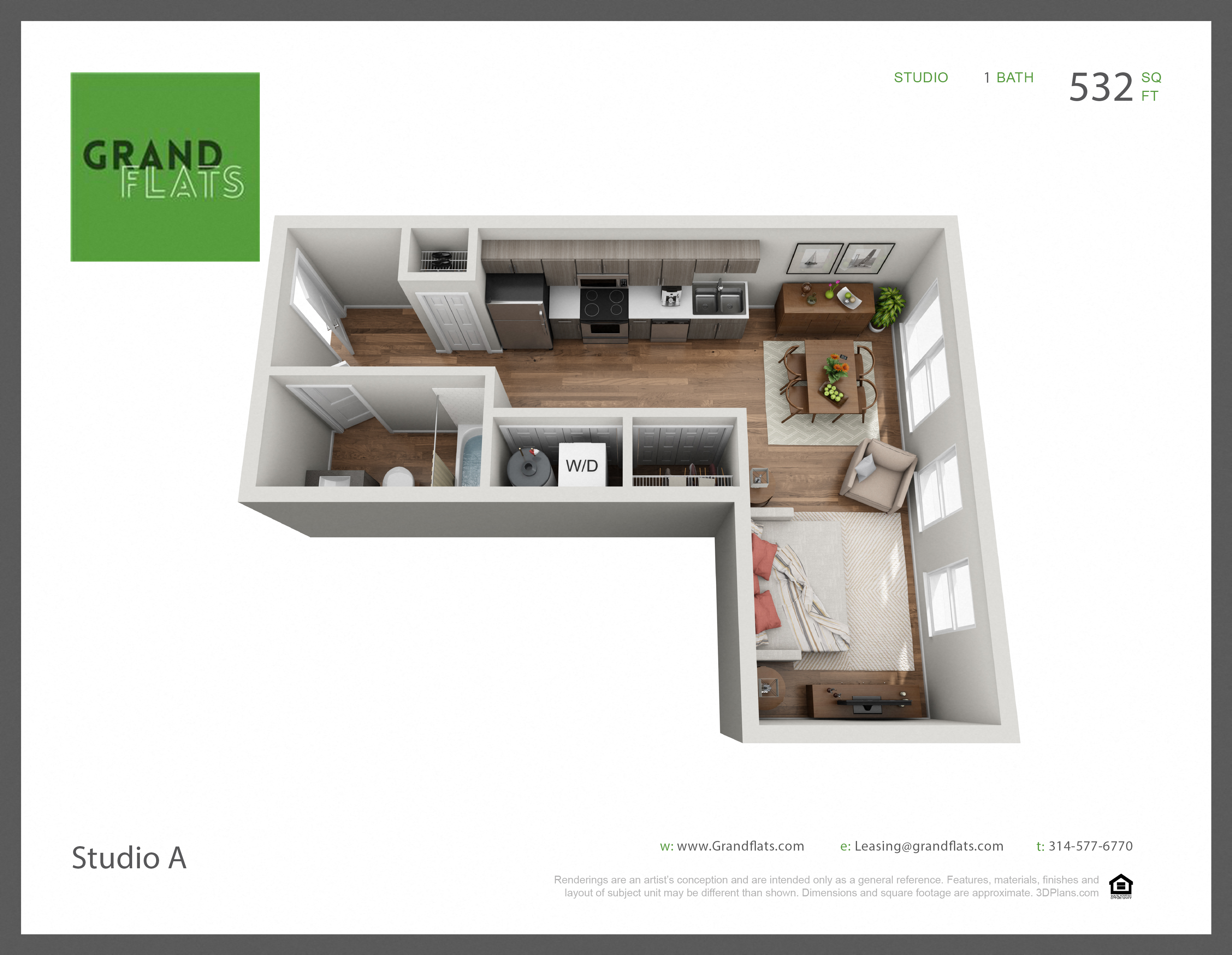 Floor plan for studio, 1 bath, 532 sqft