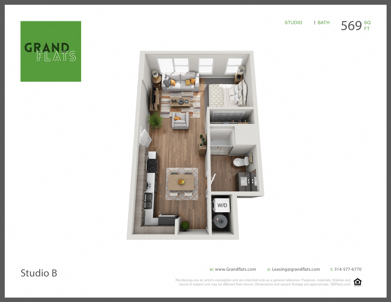 Floor plan for studio, 1 bath, 569 sqft