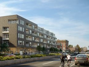 Saint Louis apartment for rent - a rendering of a new apartment building on a city street