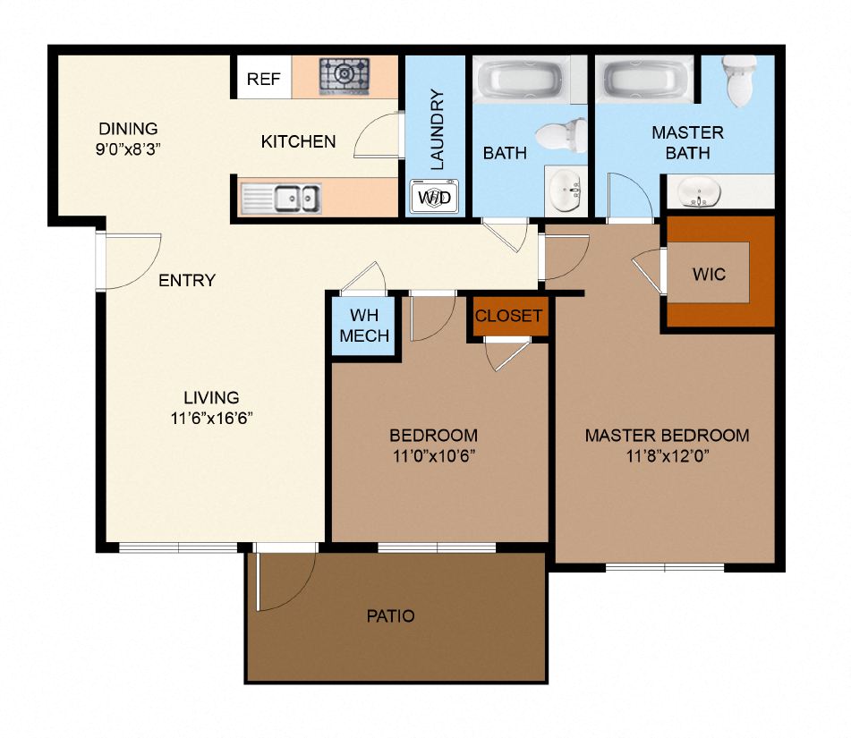 Floor plan for 2 beds, 2 baths, 1052 sqft