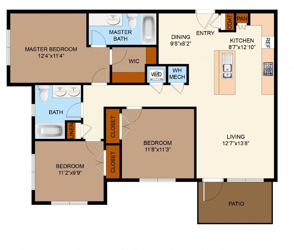 Floor plan for 3 beds, 2 baths, 1280 sqft