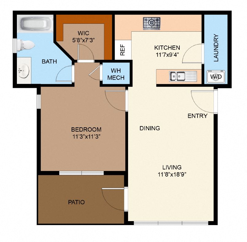 Floor plan for 1 bed, 1 bath, 722 sqft