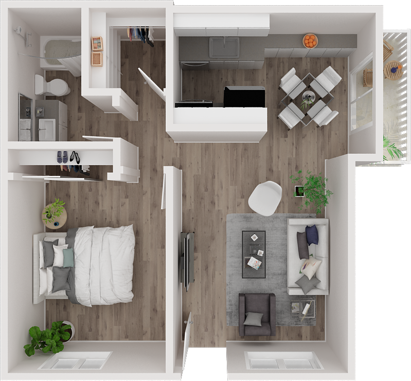 Floor plan for 1 bed, 1 bath, 610 sqft
