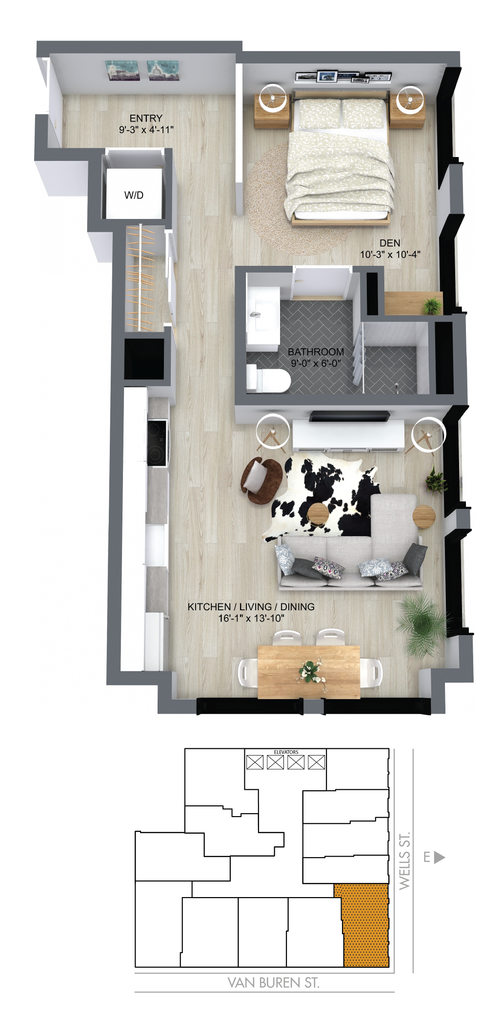 Floor plan for 1 bed, 1 bath, 604 sqft