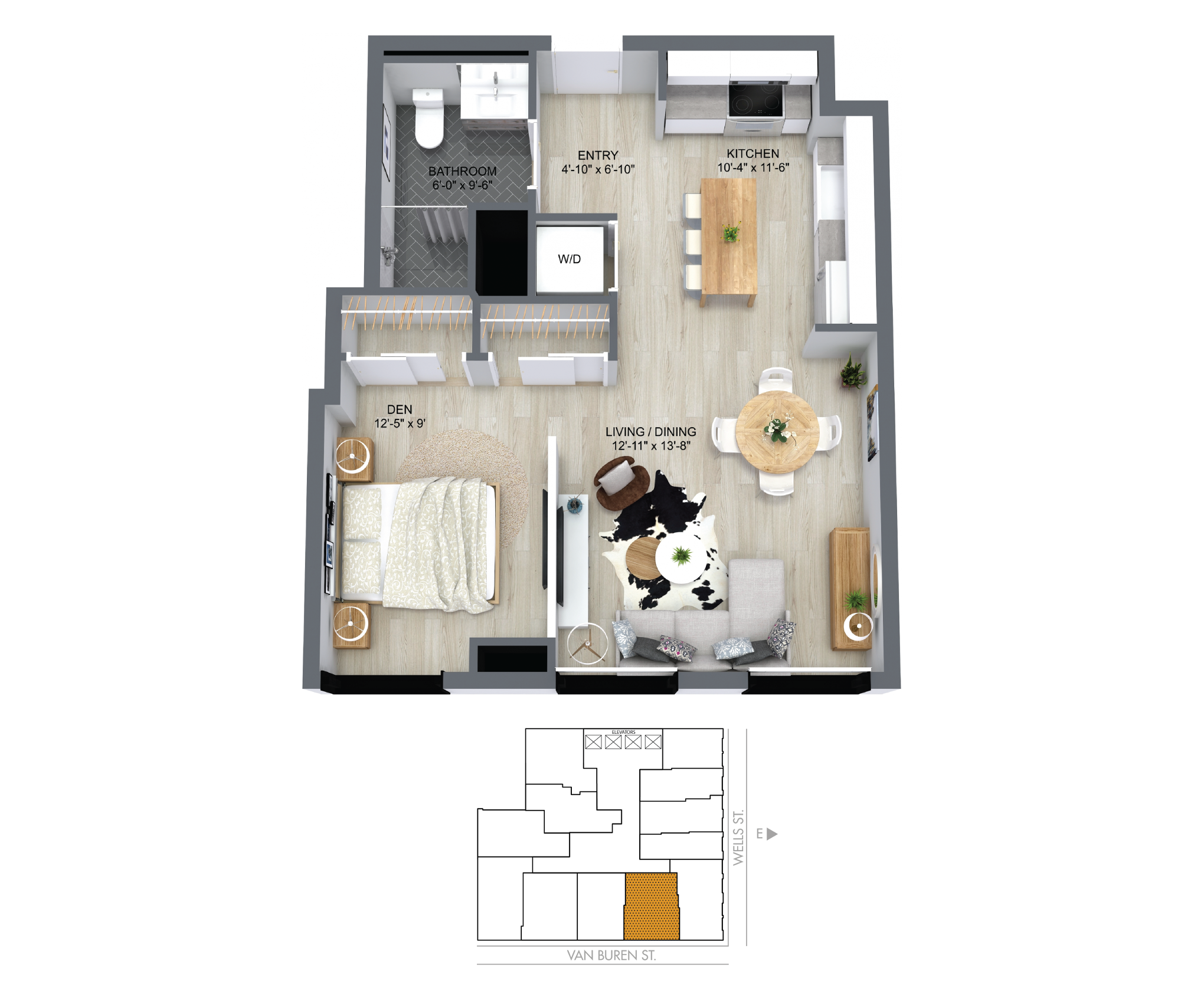 Floor plan for 1 bed, 1 bath, 600 sqft