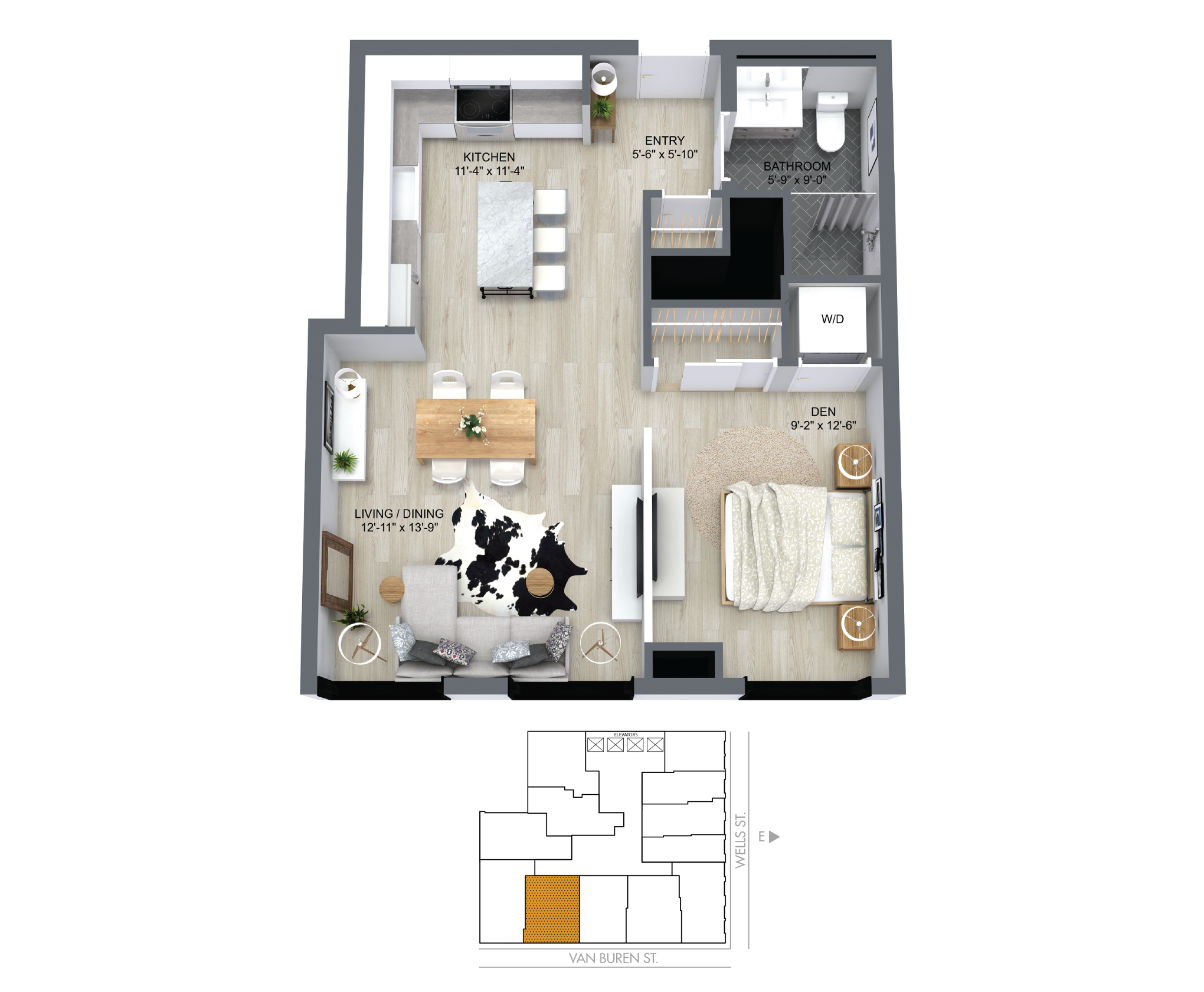 Floor plan for 1 bed, 1 bath, 625 sqft