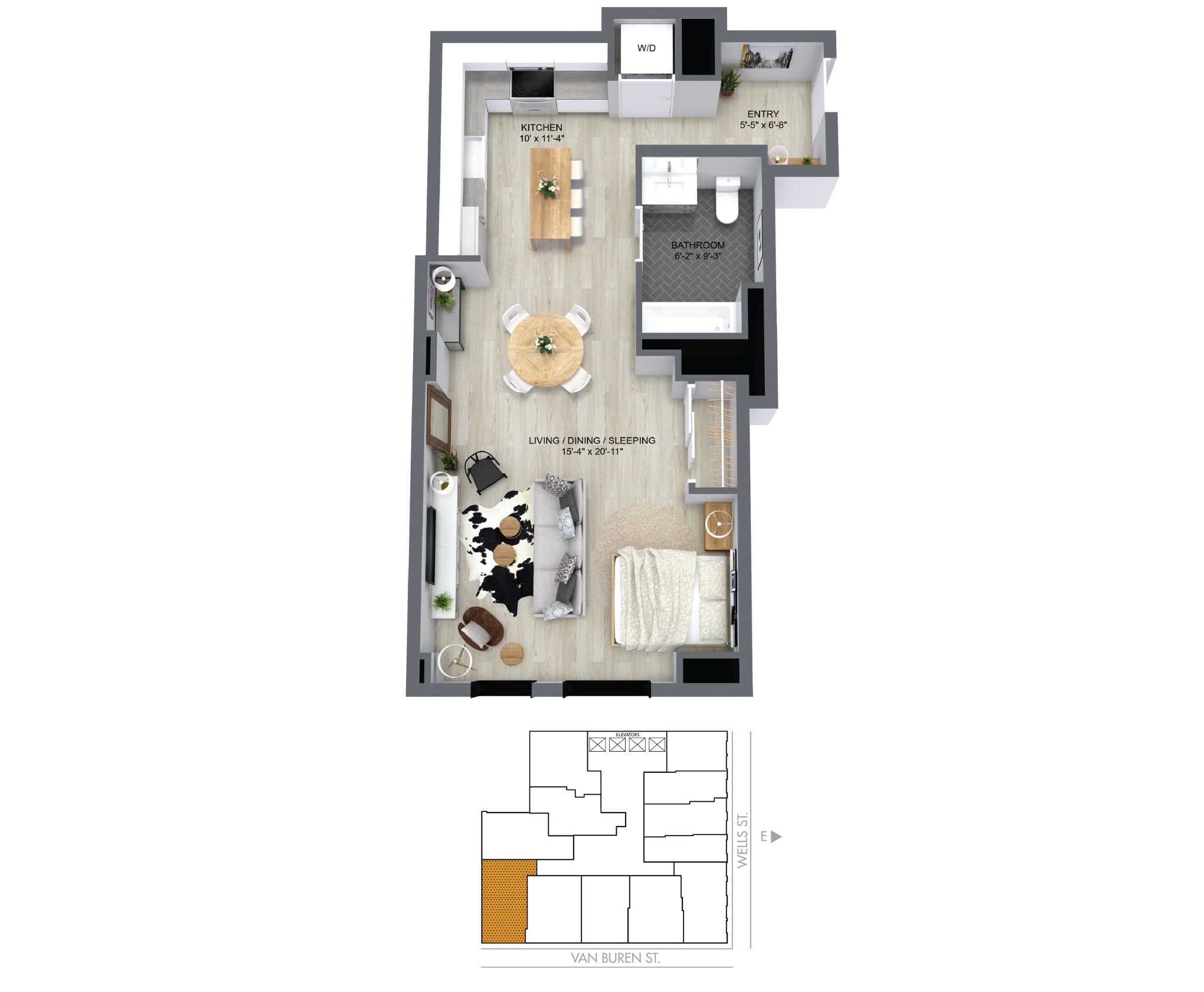Floor plan for studio, 1 bath, 658 sqft