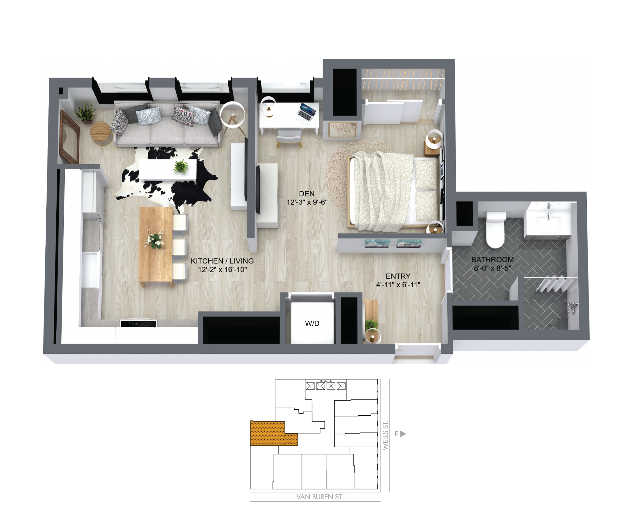 Floor plan for 1 bed, 1 bath, 583 sqft
