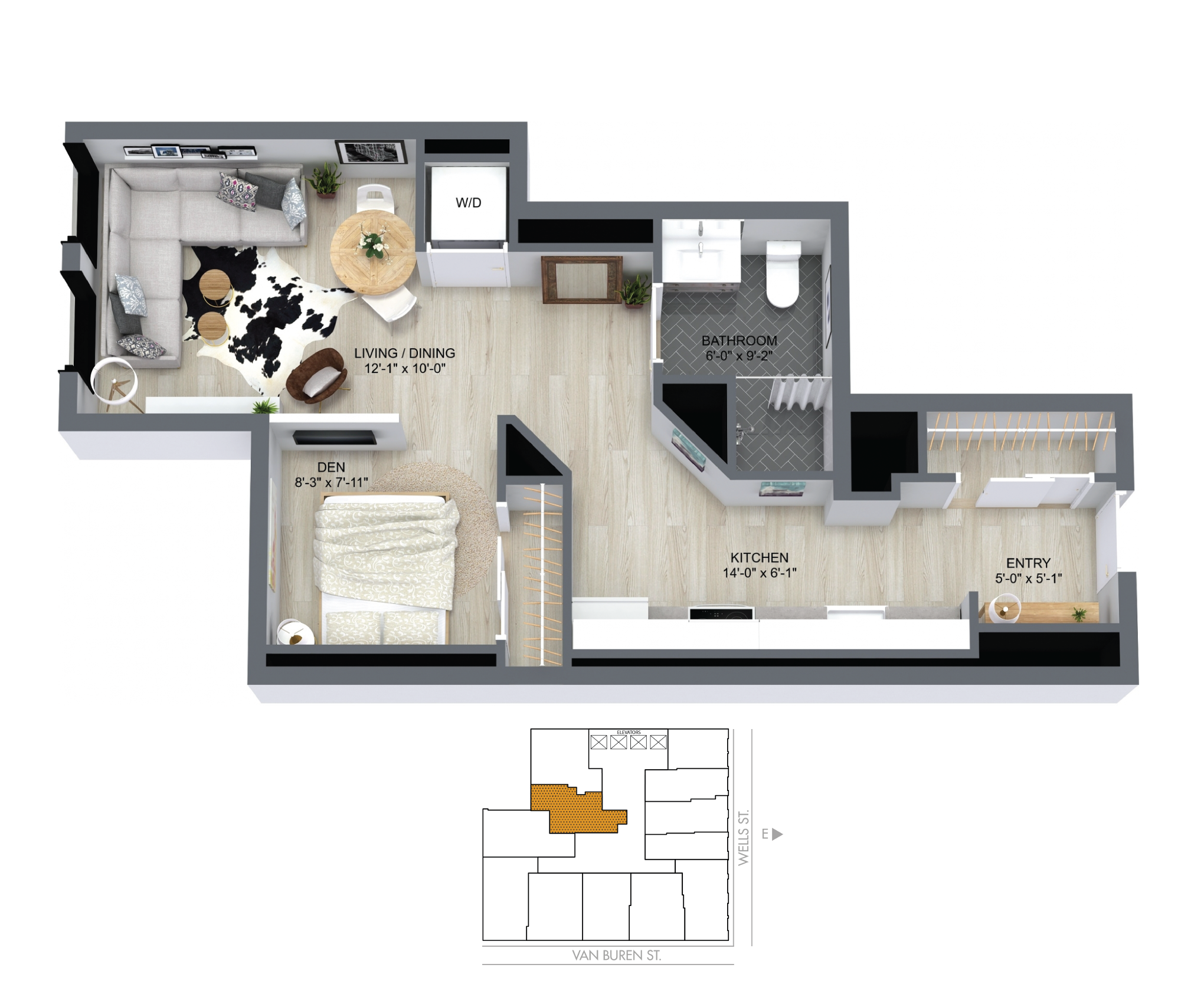 Floor plan for 1 bed, 1 bath, 552 sqft