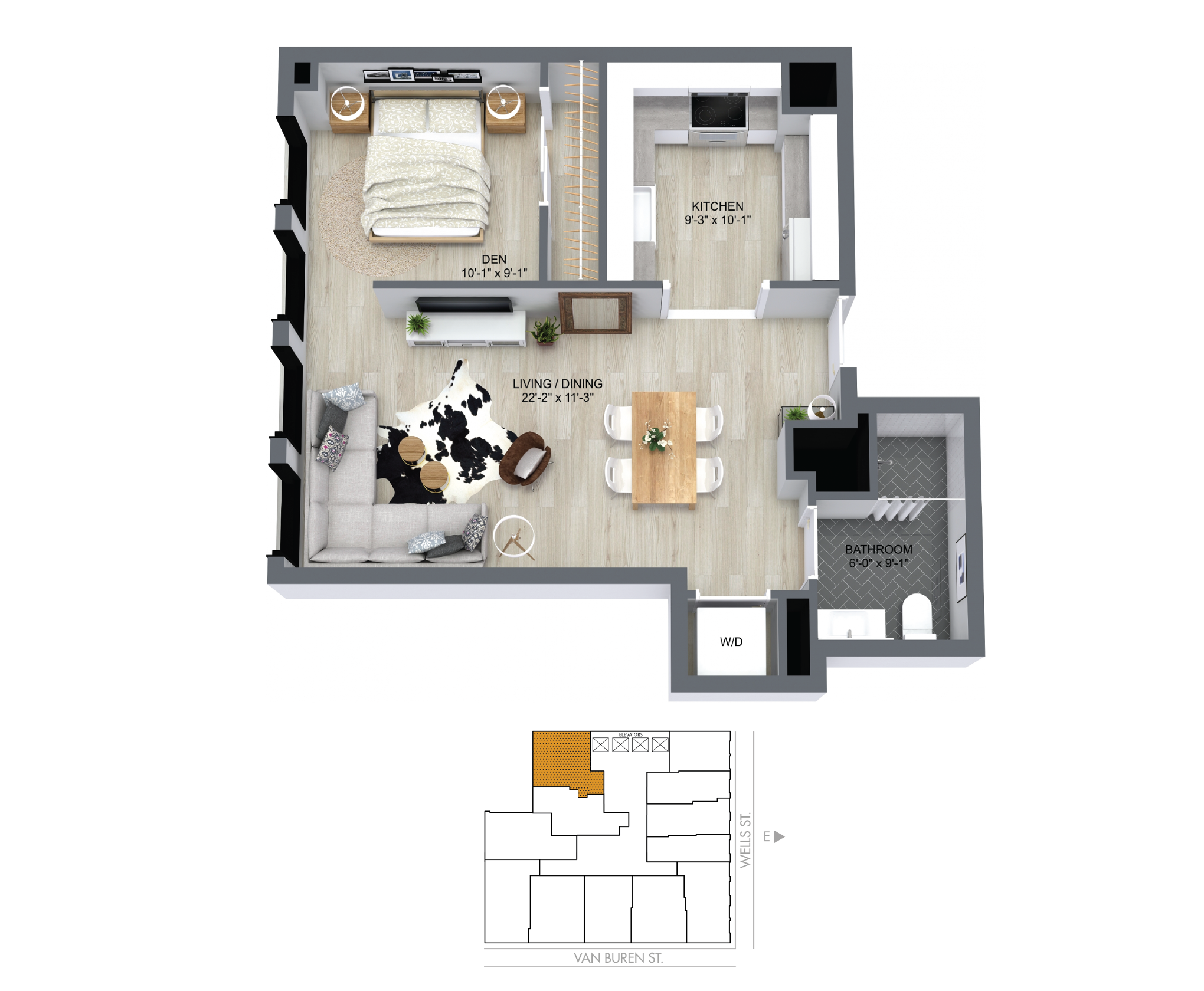 Floor plan for 1 bed, 1 bath, 622 sqft
