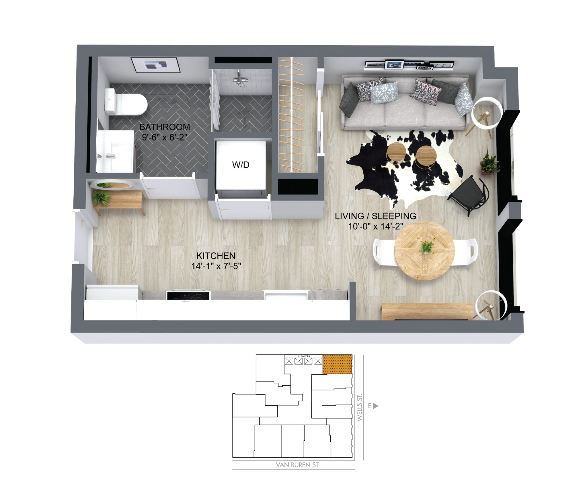 Floor plan for studio, 1 bath, 394 sqft