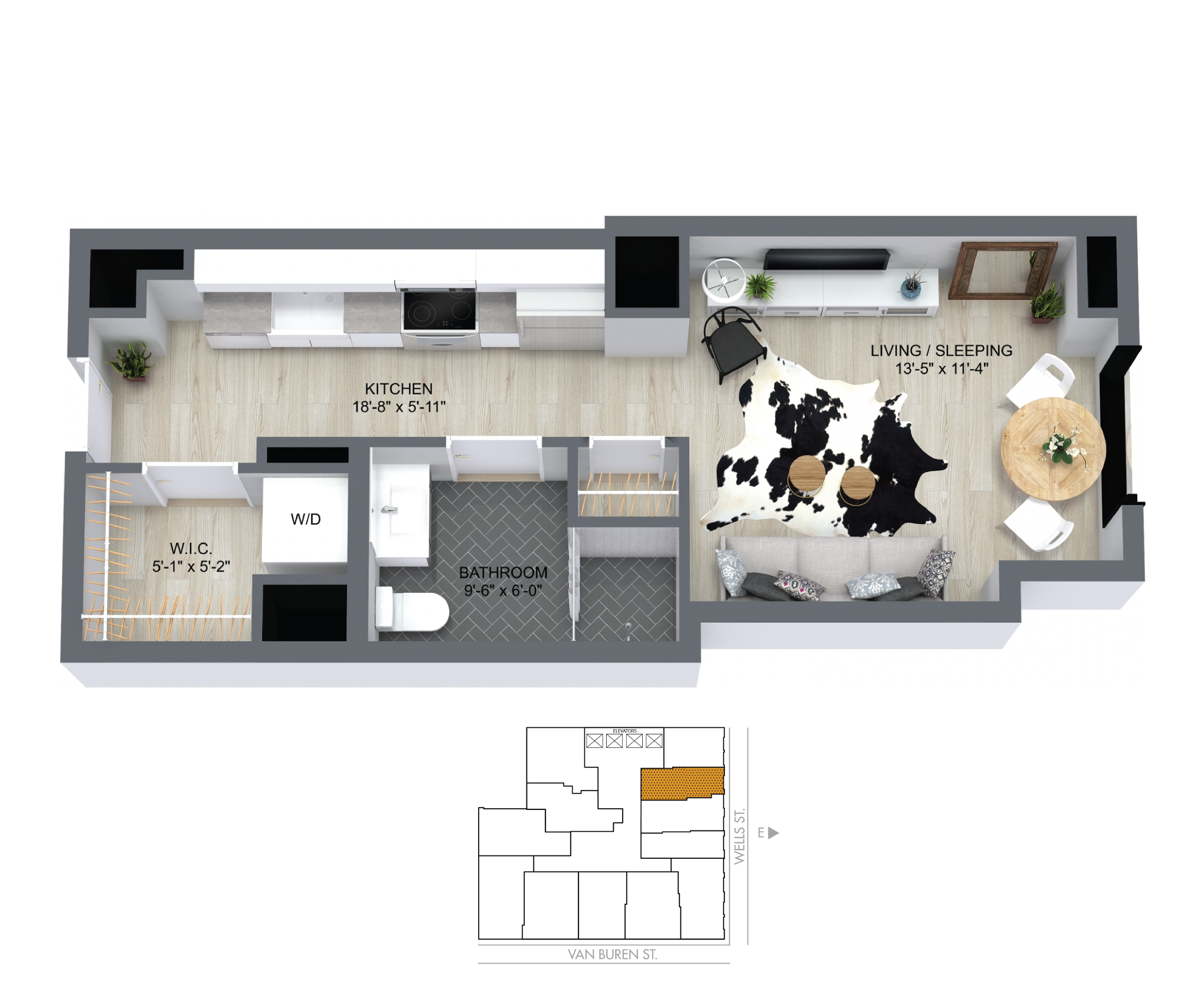Floor plan for studio, 1 bath, 427 sqft