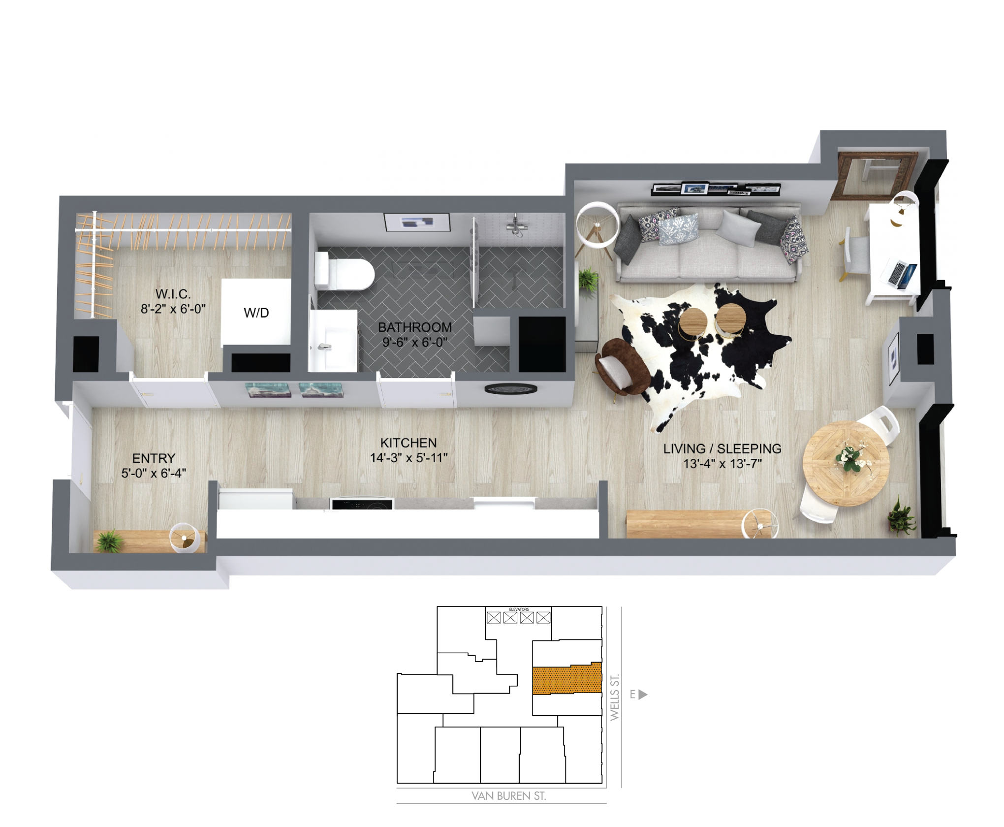 Floor plan for studio, 1 bath, 464 sqft