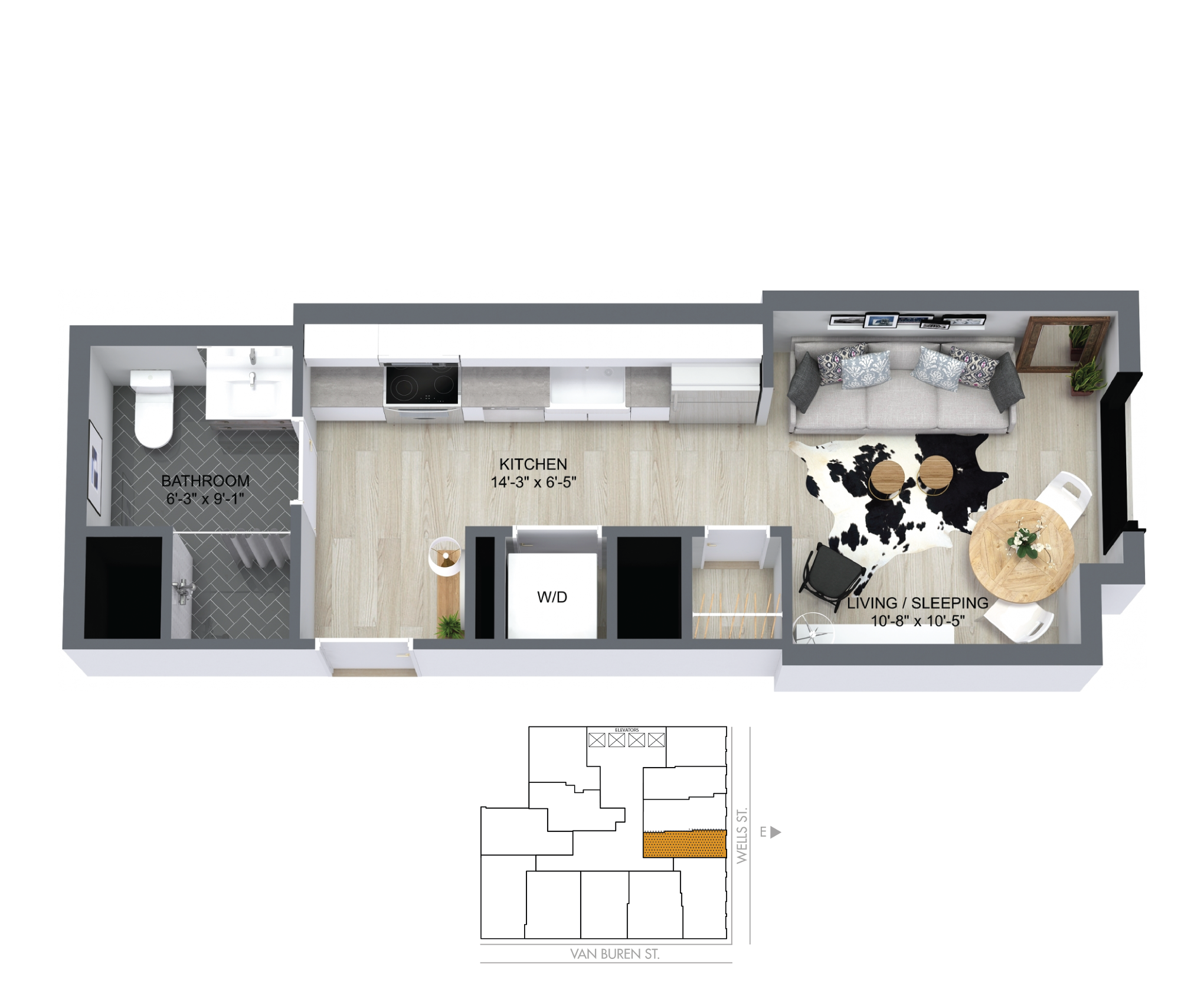 Floor plan for studio, 1 bath, 372 sqft
