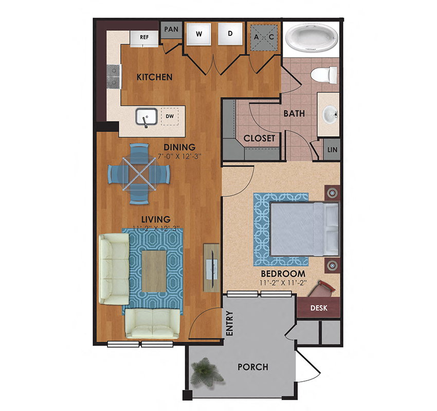 Floor plan for 1 bed, 1 bath, 673 sqft