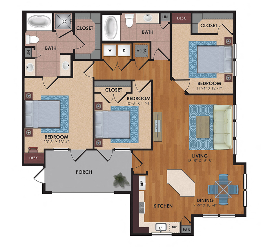 Floor plan for 3 beds, 2 baths, 1452 sqft