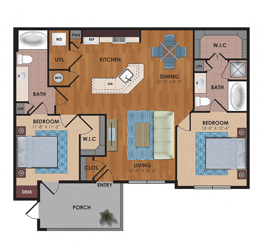 Floor plan for 2 beds, 2 baths, 1133 sqft